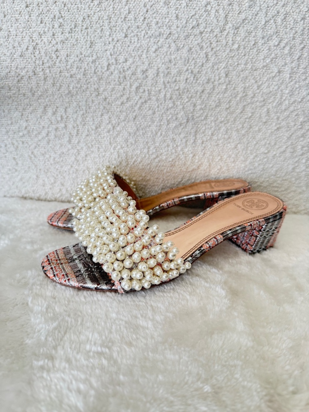Tory Burch Pearl Embellished Mules Shoes.